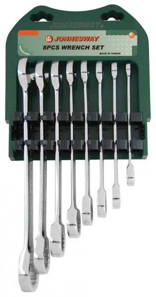 JonnesWay W45308S Набор ключей гаечных комбинированных трещоточных на держателе, 8-19 мм, 8 предметов